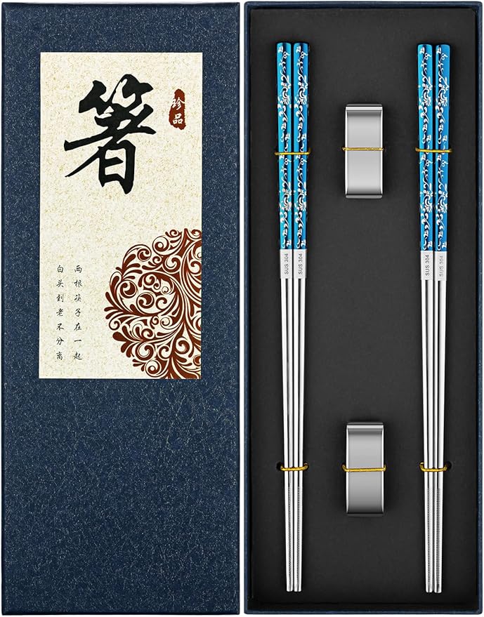 Metal Chopsticks Reusable 2 Pairs Titanium Plated Stainless Steel Chopsticks with Holder, Dishwasher Safe Non-Slip Japanese Style Chop Sticks Present Set (Blue Silver)