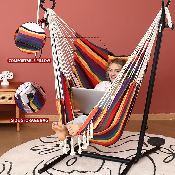 ZEYU Hammock Chair with Stand Double Hammock Chair Bohemian Style with Tassel Mobile Phone Support Manual Adjustable Swing Indoor and Outdoor Garden Porch with Floor mat Reclining Capacity 400 pounds