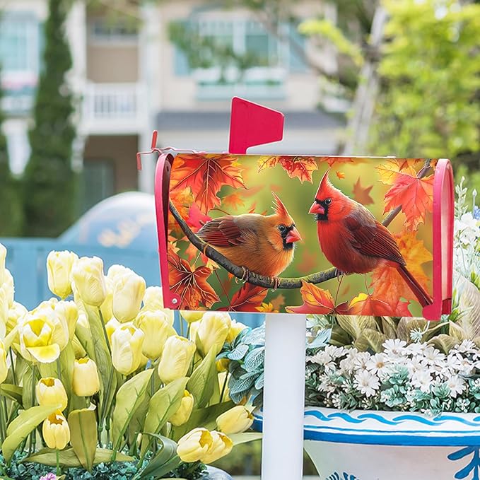 Autumn Bird Mailbox Cover Magnetic Standard Size 21x18 Inch Fall Red Birds with Maple Leaves Mailbox Covers Happy Holiday Thanksgiving Mailbox Post Cover Decor Letter Box Wraps for Outdoor Garden Yard