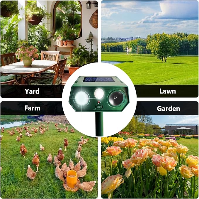 4 Pack 2025 Solar Animal Repeller Deer Repellent Devices Ultrasonic Cat Repellent Outdoor Motion Activated Animal Deterrent for Squirrel Rabbit Raccoon Skunk Dog Bird with Flash Lights for Yard Garden