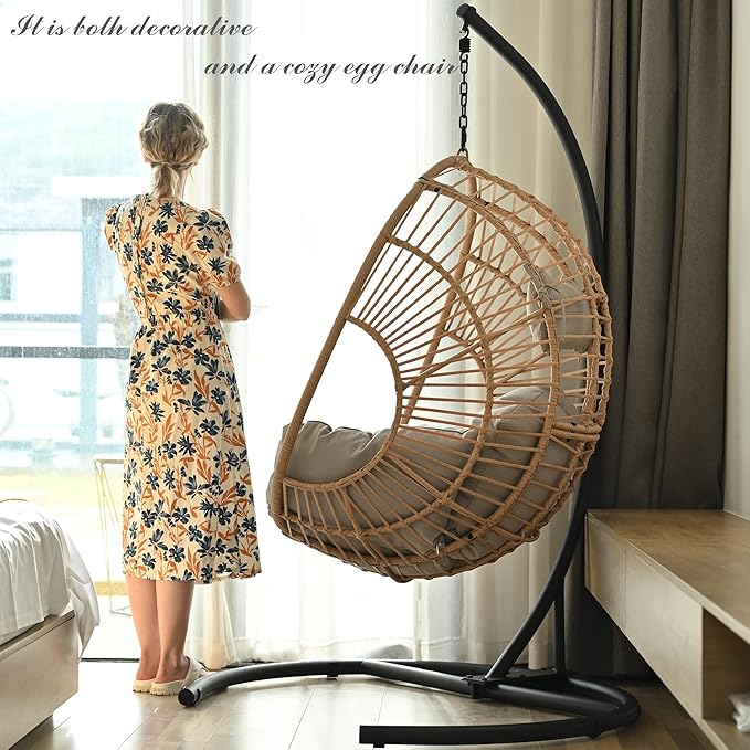 Hanging Egg Chair with Stand - Egg Swing Chair Outdoor Indoor Patio Wicker Chair Swing Hammock Egg Chairs 400lbs Capacity for Outside Patio, Bedroom, Garden, Balcony(Beige-Regular, 1PC
