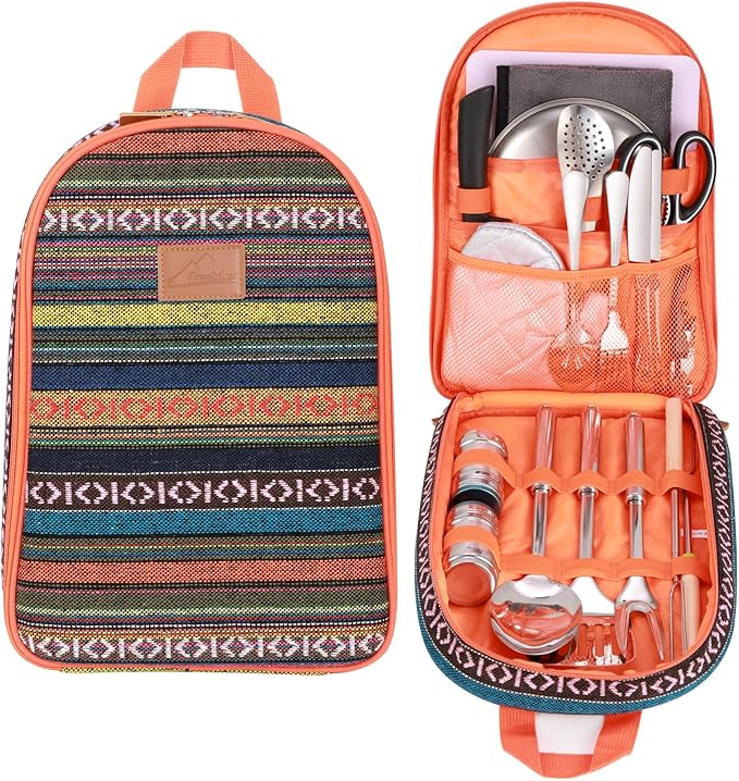 Portable Camping Kitchen Utensil Set-27 Piece Cookware Kit, Stainless Steel Outdoor Cooking and Grilling Utensil Organizer Travel Set Perfect for Travel, Picnics, RVs, Camping, BBQs, Parties and More