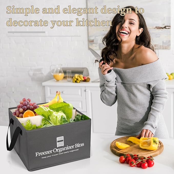 Freezer Organizer Bins, Collapsible Deep Freezer Organizer Bins for 15"x14"x9", freezer Storage Bins with Removable Dividers, Handles (Dark Grey, 1 Pack)