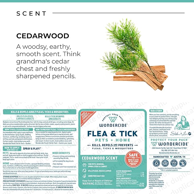 Wondercide - Flea, Tick & Mosquito Spray for Dogs, Cats, and Home - Flea and Tick Killer, Control, Prevention, Treatment - with Natural Essential Oils - Pet and Family Safe - Cedarwood 32 oz