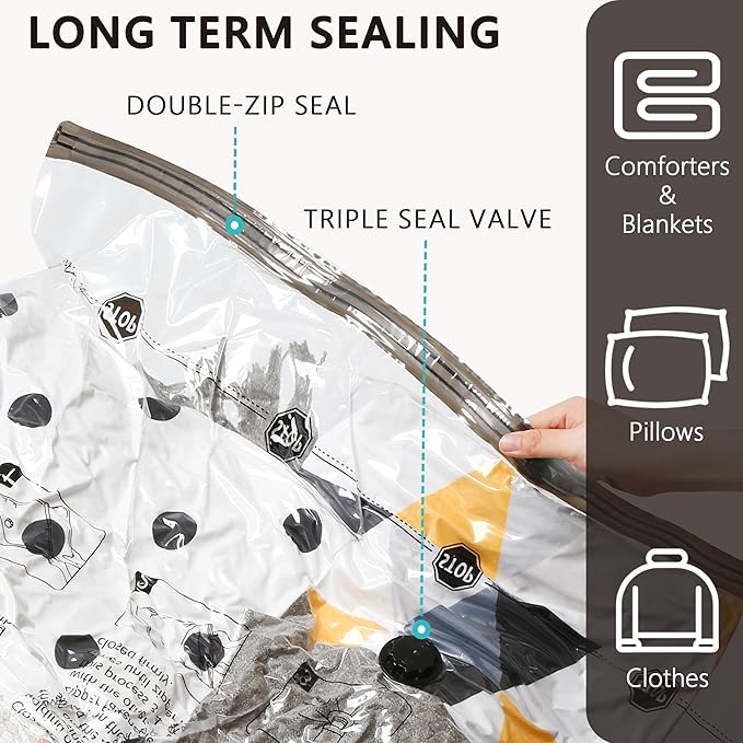 SUOCO 10 Jumbo Vacuum Storage Bags with Electric Pump, Travel Clothes Space Saver Bags, Compression Airtight Seal Bags for Clothing, Pillows, Comforters, Blankets