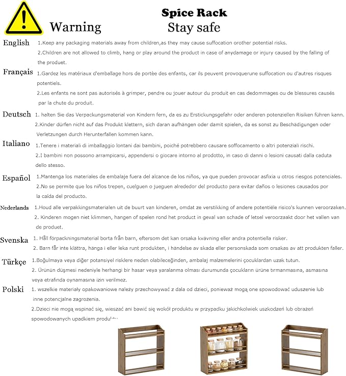 3 Tier Bamboo Wood Spice Rack, Seasoning Bottles Jars Organizer Shelf for Spices or Craft Supplies, Kitchen Counter or Wall Mounting (Brown)