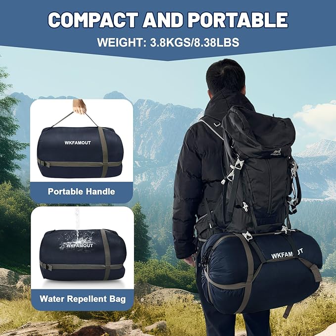 Double Sleeping Bag for Adults Machine Washable 2 Person Camping Sleeping Bag Queen Size Waterproof with Compression Sack for Cold Weather 3-4 Seasons