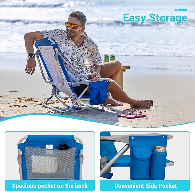 #WEJOY Folding Beach Chair for Adults, 4-Position Aluminum Lightweight Beach Chair, Low Sands Chairs with Shoulder Strap, Cup Holder and Padded Headrest, Supports 265lbs for Lawn