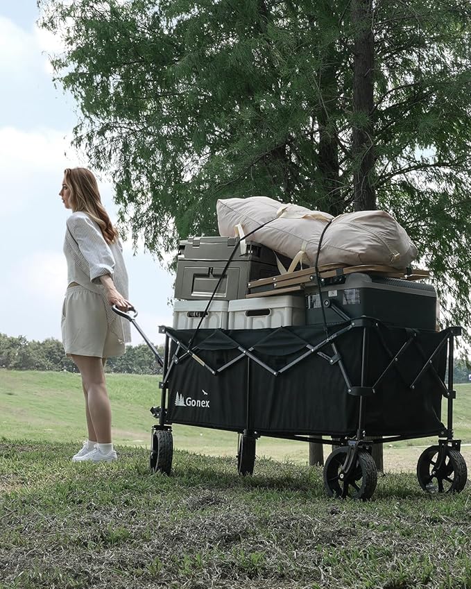 Gonex 48''L Collapsible Foldable Heavy Duty Oversized Wagon with 440lbs Weight Capacity, 300L Folding Large Utility Garden Grocery Shopping Cart with 8" H All-Terrain Wheels & 2 Drink Holders - Black