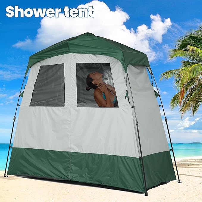 Camping Shower Tent Deluxe Changing Room Easy Set Up Privacy Shelter,Large Toilet Tent with Floor Drain Design for Beach, Camping,Hiking with Stakes and Ropes for Stability