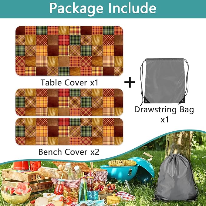 JAWO Picnic Table Covers with Bench Covers Fall Autumn Camping Tablecloth Fitted Picnic Table Cover with Elastic Windproof Waterproof Fabric, Camping Accessories Patio & Outdoor