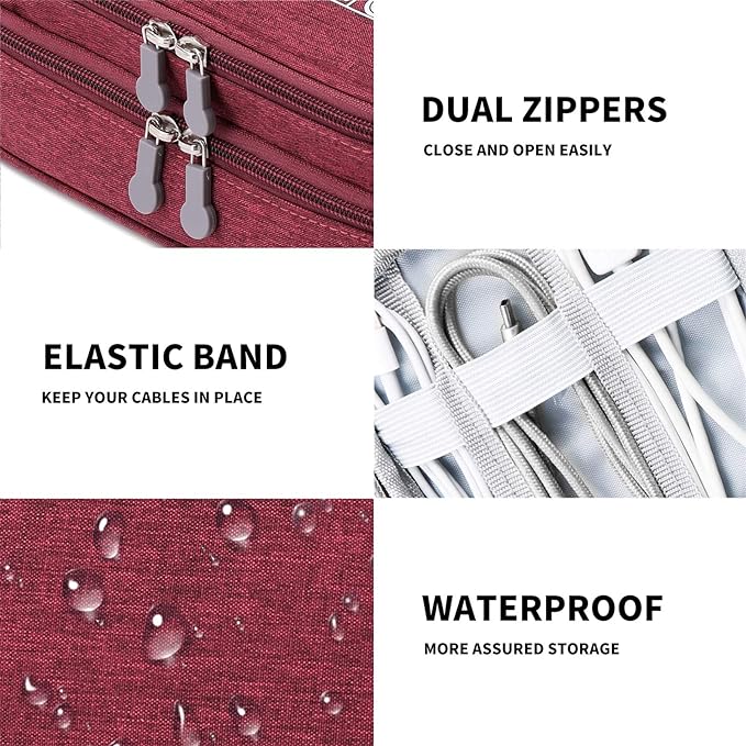 mygreen Travel Cable Organizer Bag, Two-Layer Electronics Accessories Organizer Bag for Cables, Chargers, Power Bank, Mouse,iPad, Phone, Kindle, SD Card, Wires, Cords, and Accessories Red