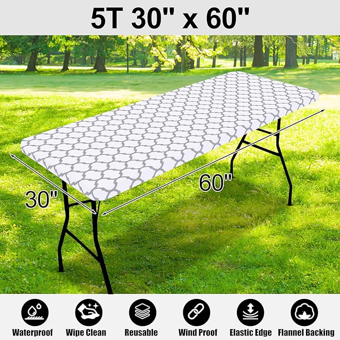 Smiry Rectangle Picnic Table Cover, Waterproof Elastic Fitted Camping Tablecloths for 5 Foot Tables, Wipeable Flannel Backed Vinyl Tablecloth Protector for Indoor, Outdoor (White, 30x60 Inches)