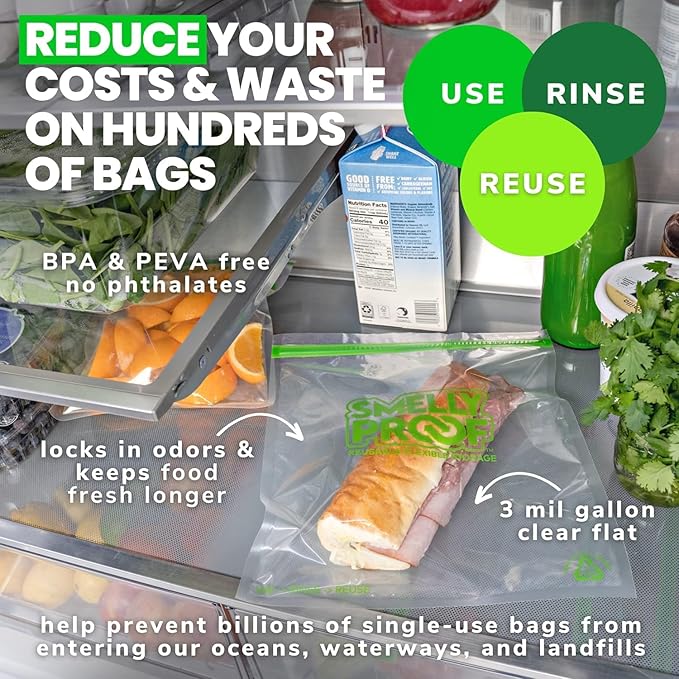 Smelly Proof 50pk Reusable Food Storage Bags - Made in USA, Dishwasher-Safe, BPA FREE, NO PEVA, XL Clear FLAT 10.5" x 12"