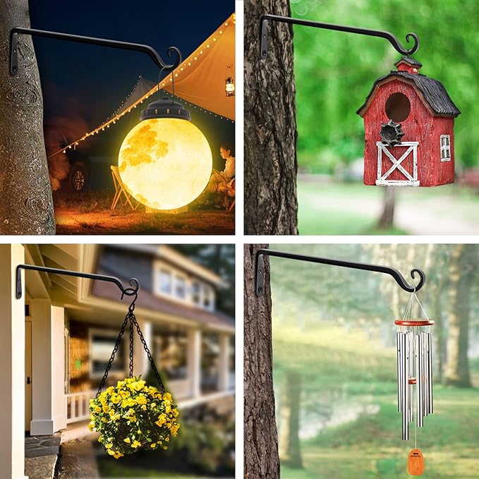 FEED GARDEN 15 Inch 2 Pack Hand-Forged Hanging Plant Bracket Heavy Duty Metal Plant Hangers for Outdoor Hanging Bird Feeders Lanterns Wind Chimes Black