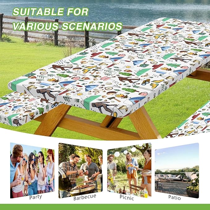 JAWO Picnic Table Covers with Bench Covers Camping Big Foot Adventure Tablecloth Fitted Picnic Table Cover with Elastic Windproof Waterproof Fabric, Camping Accessories Patio & Outdoor
