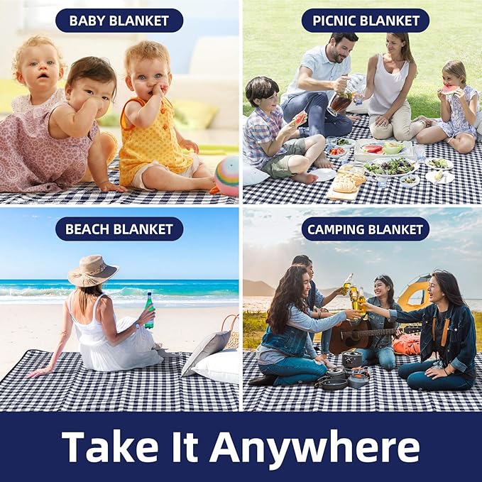 ZAZE Picnic Blankets Machine Washable, 80''x80'' Extra Large Waterproof Sandproof Foldable Compact Beach Blanket, Oversized XL Outdoor Mat for Spring Summer Camping, Park, Travel Grass(Blue and White)