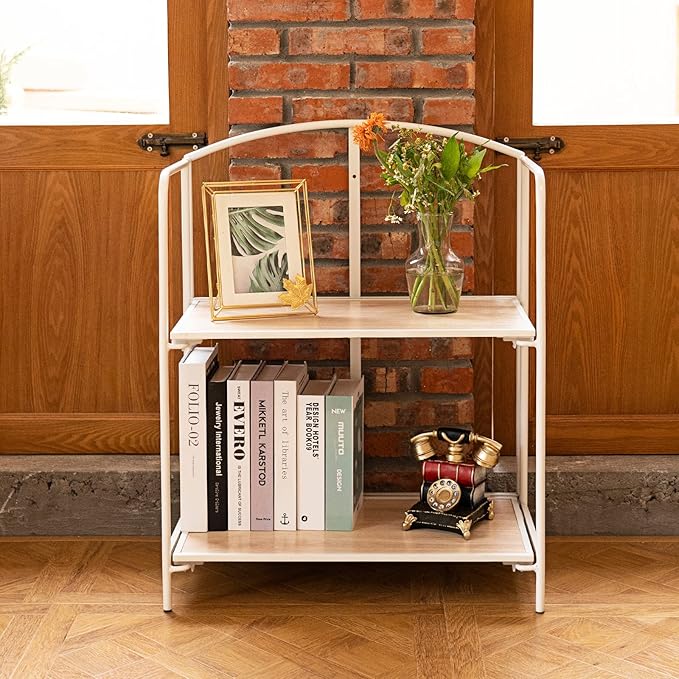 Crofy No Assembly Folding Bookshelf for Living Room, 2 Tier White Collapsible Book Shelf for Home Office, Portable Bookcase Storage Organizer