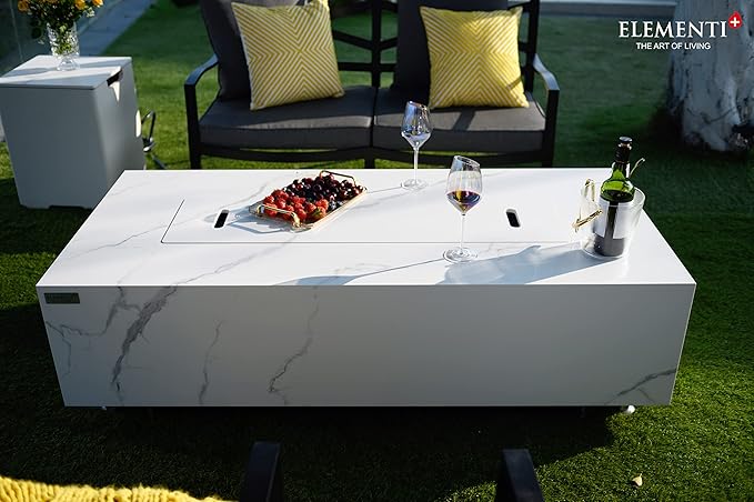 Elementi+ | Carrara Gas Fire Pit | Marble Porcelain & Metal Frame | 60" Rectangular Fire Table | Electronic Ignition | Canvas Cover, Fire Glass & Burner Lid Included | White | Natural Gas