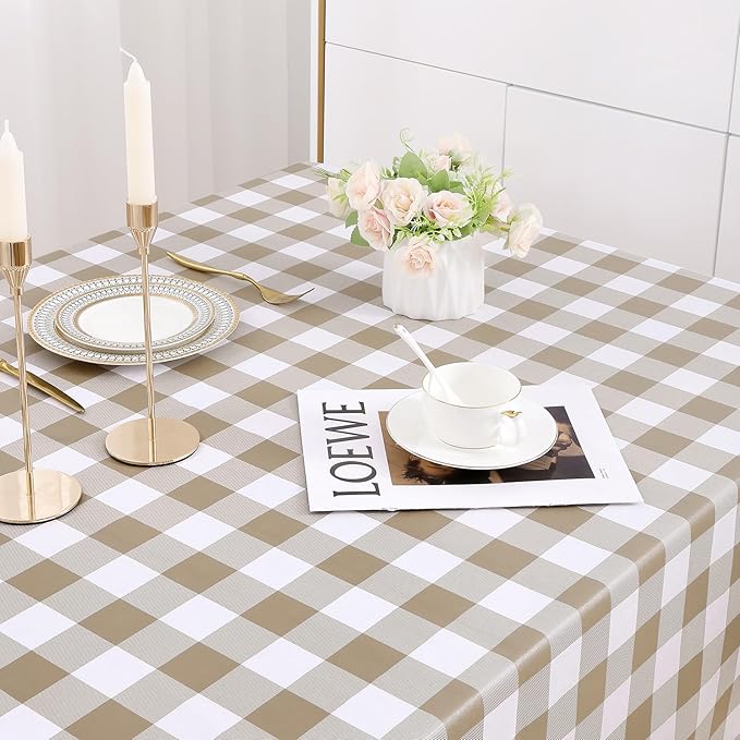 misaya Rectangle Waterproof Vinyl Table Cloth, Buffalo Flannel Backed Tablecloth, Wipeable Plastic Table Cover for Dinner, Kitchen, Outdoor (60" x 84", Khaki and White)