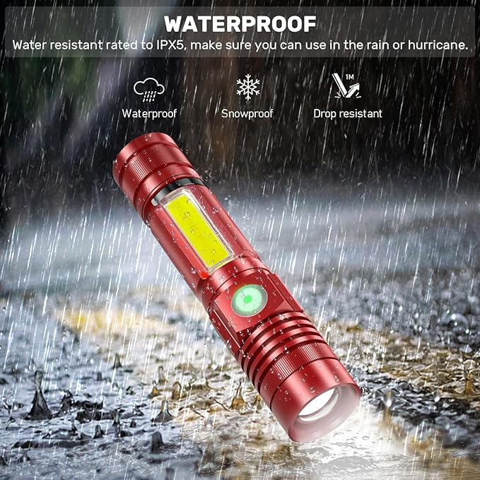 Rechargeable LED Flashlights, Magnetic Flashlight Tactical Super Bright with SideLight,USB Rechargeable,Zoomable,Waterproof Best Small Flash Light for Camping, Emergency Red
