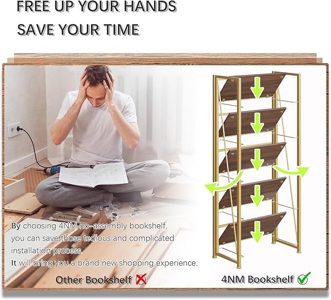 4NM No Assembly Folding Bookshelf, 5-Shelf 62.2" H Collapsible Foldable Bookcase Storage for Small Spaces, Brown and Golden