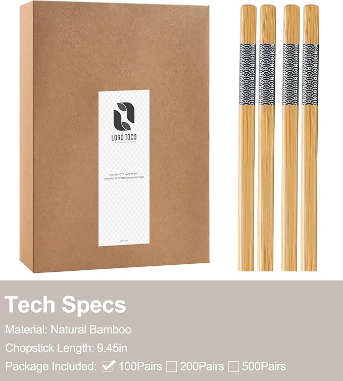 100 Pairs Bamboo Chopsticks | Disposable | Reusable | Separated Chopsticks Dishwasher Safe - (9.45in)