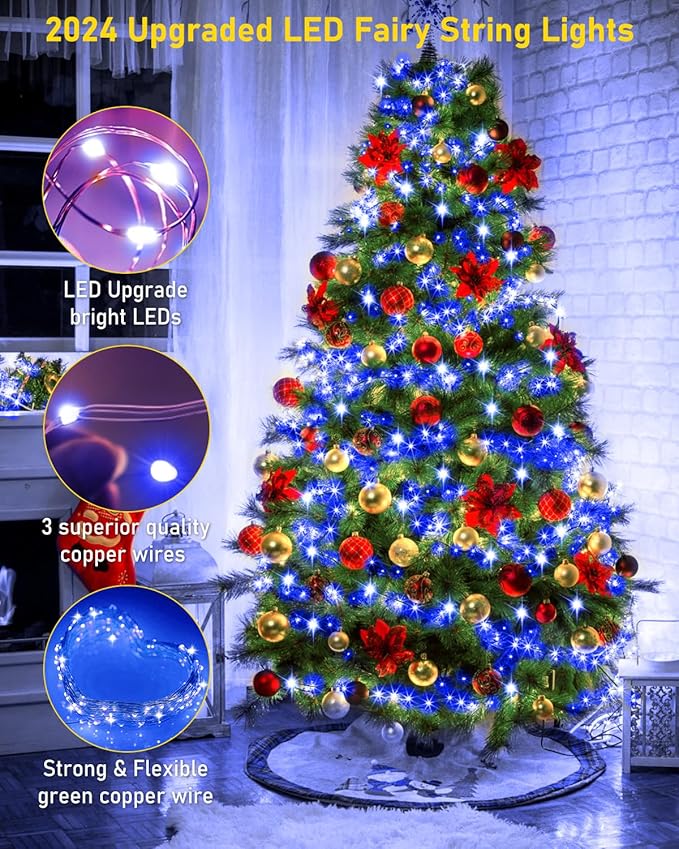 KNONEW 400FT 1200 LED Outdoor Fairy Lights Plug in, Christmas Fairy Lights Outdoor Waterproof 8 Modes Memory Times for Wedding Bedroom Walls Garden Trees Decoration(Blue)