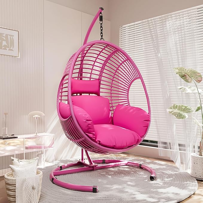 Hanging Egg Chair with Stand - Egg Swing Chair Outdoor Indoor Patio Wicker Chair Swing Hammock Egg Chairs 400lbs Capacity for Outside Patio, Bedroom, Garden and Balcony (Pink, 2P)