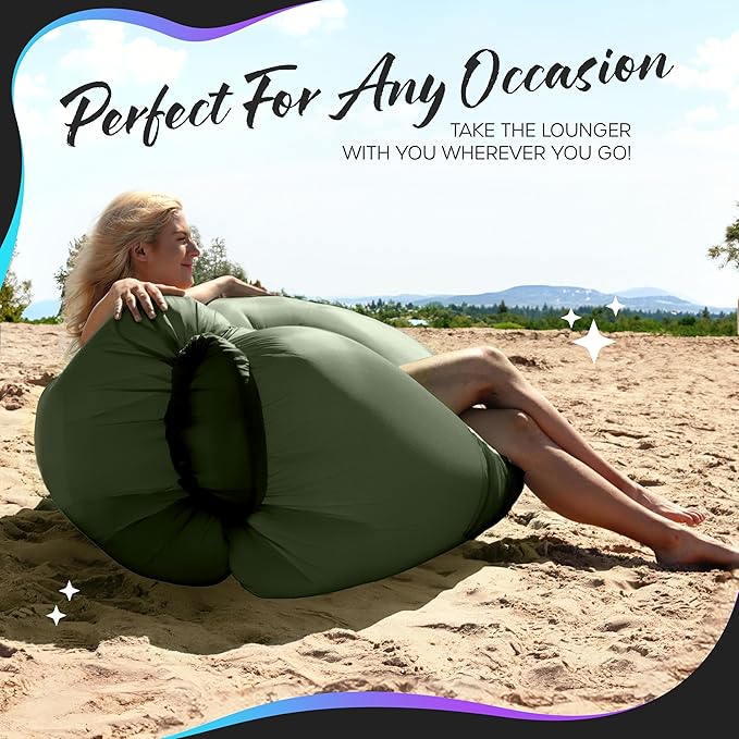 Nevlers Inflatable Lounger | 210T Polyester Inflatable Chair | No-Pump Blow Up Couch | Camping Couch Air Sofa Bed w/ 450 lbs. Cap., Pockets & Matching Bag | Use as Inflatable Couch for Adults & Kids