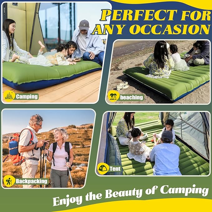 Double Sleeping Pad for Camping, 6" Extra-Thick 2 Person Camping Sleeping Pad with Pillow Built-in Foot Pump, Inflatable Sleeping Mat for Backpacking, Tent, Hiking Essentials Gear