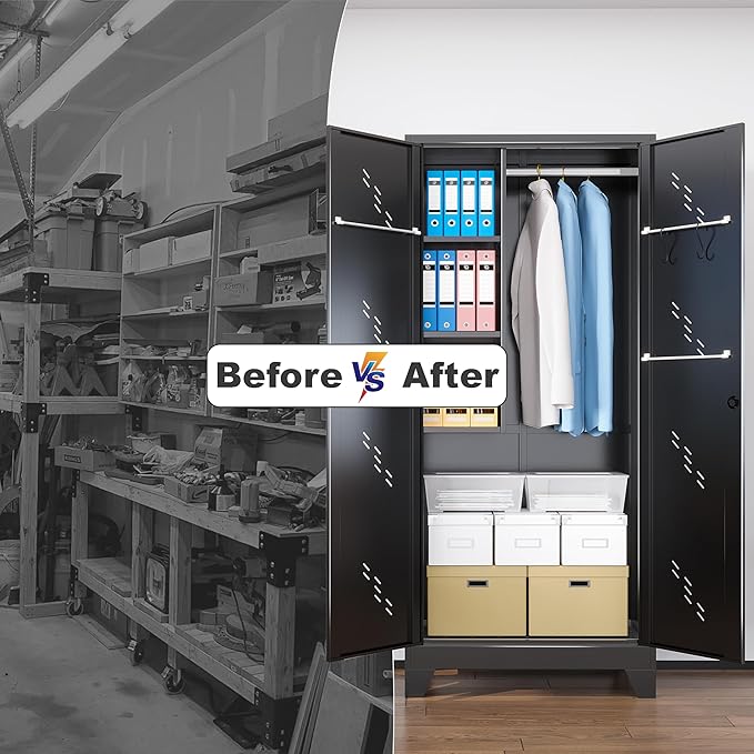 75" Heavy-Duty Metal Storage Cabinet with Lock - Wide & Deep Steel Tool Locker for Garage, Basement, Home Office - Outdoor/Indoor Pantry Organizer Cabinet