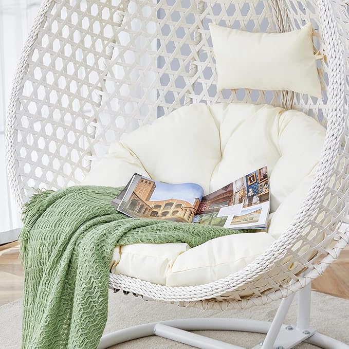 JUFU Egg Swing Chair with Stand,Hanging Egg Chair with Cushions and Pillow,Heavy Duty Lounge White Basket Chair,Indoor Outdoor Patio Porch Lounge Hammock Chair for Patio Balcony Backyard,Bedrooms