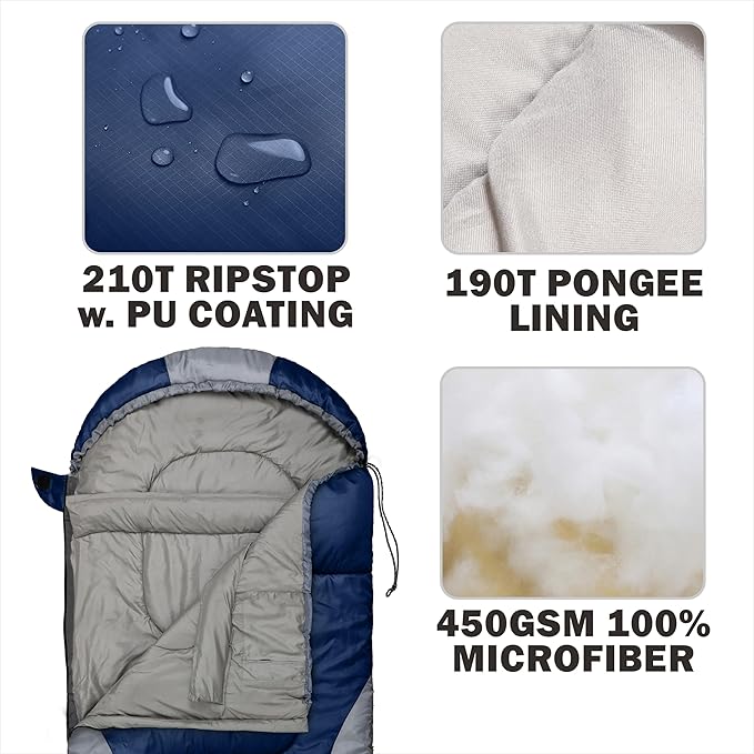 0 Degree Winter Sleeping Bags for Adults Camping (450GSM) - Temp Range (5F–32F) Portable Waterproof Compression Sack- Camping Sleeping Bags for Big and Tall in Env Hoodie: Backpacking Hiking 4 Season