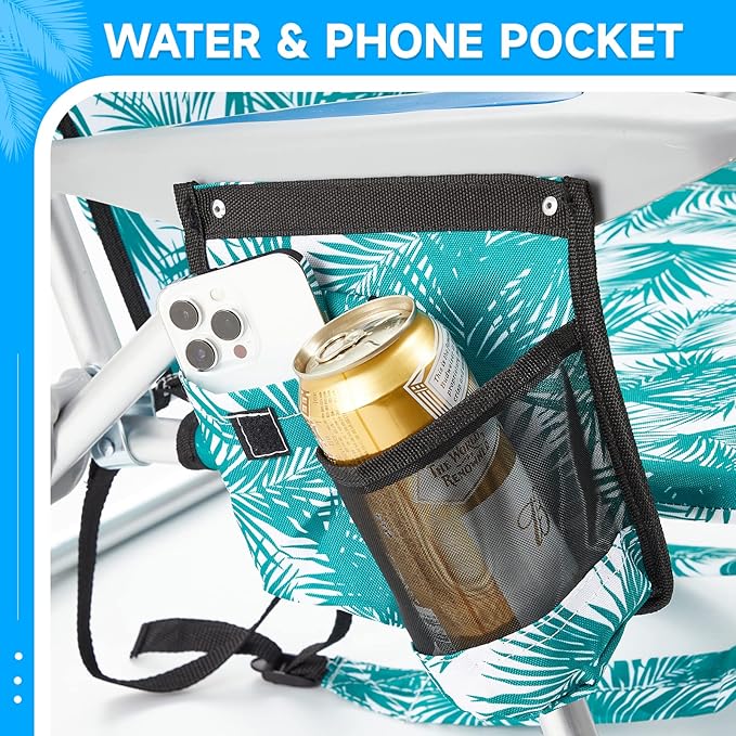 2 Pack Lightweight Portable Camping Beach Chair for Adults, Outdoor Lay Flat Folding Beach Chairs with 4 Positions, Backpack Beach Chair with Towel Bar, Cooler Pouch, Cup Holder, Green Leaves