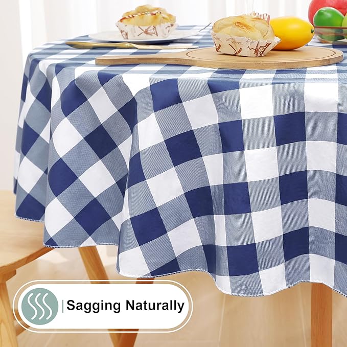 misaya Round Waterproof Vinyl Table Cloth, Buffalo Flannel Backed Tablecloth, Wipeable Plastic Table Cover for Dinner, Kitchen, Picnic (60", White and Navy)
