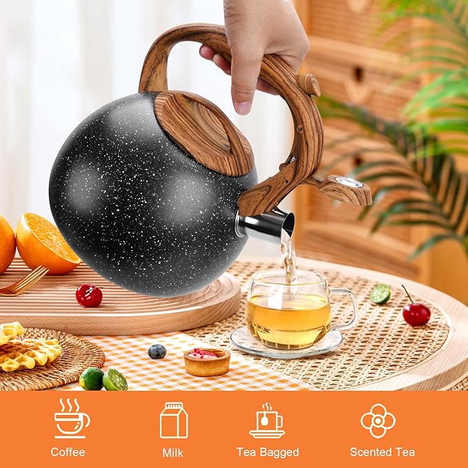 GGC Tea Kettle for Stove Top, Loud Whistling Kettle for Boiling Water Coffee or Milk, 3.1 Quart Heavy Stainless Steel Starry Black Kettle with Wood Pattern Handle, Unique Button Control Kettle Outlet