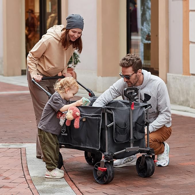 EVER ADVANCED Folding Push Wagon with Brakes, Portable Shopping Cart, Collapsible Wagon Cart with All-Terrain Big Wheels for Camping, Beach, Sports
