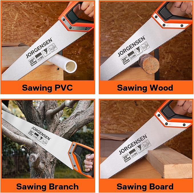 JORGENSEN 20 Inch Pro Hand Saw, 11 TPI Fine-Cut Ergonomic Non-Slip Aluminum Ultrasonic Welding Handle for Sawing, Trimming, Gardening, Woodworking, Drywall, Plastic Pipes