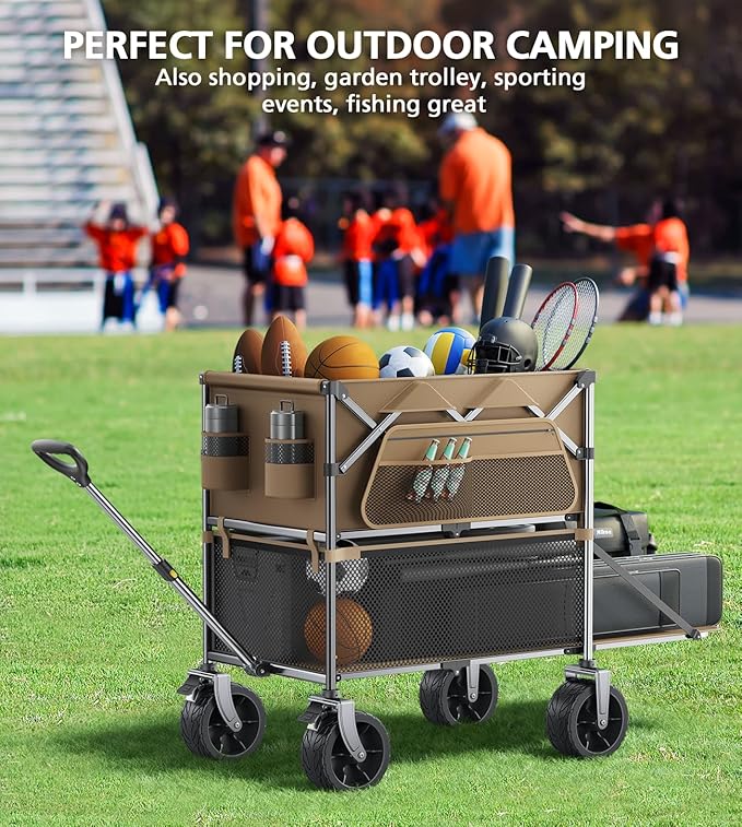 Foldable Wagon Cart,Everyfun 480Lbs Double Decker Wagon,Beach Carts with Big Wheels&Side Pocket&Dustbag,Large Capacity Folding Wagon for Shopping,Garden,Camping,Fish,New Wave Sports Wagon-Brown