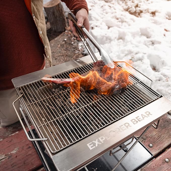 Explorer Bear 20" Stainless Steel Foldable Takibi Fire & Grill with Carrying Bag, Grill Bridge, and Coal Bed | Portable Wood Burning Fire Pit | Perfect for Camping, Outdoors, Patios