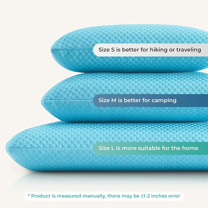 Travel Pillow Memory Foam Pillows, Camping Pillow-Compressible Medium Firm, Breathable Cover, Ideal Backpacking Hiking, Bed Pillows, Airplane and Car (Light Blue, M)