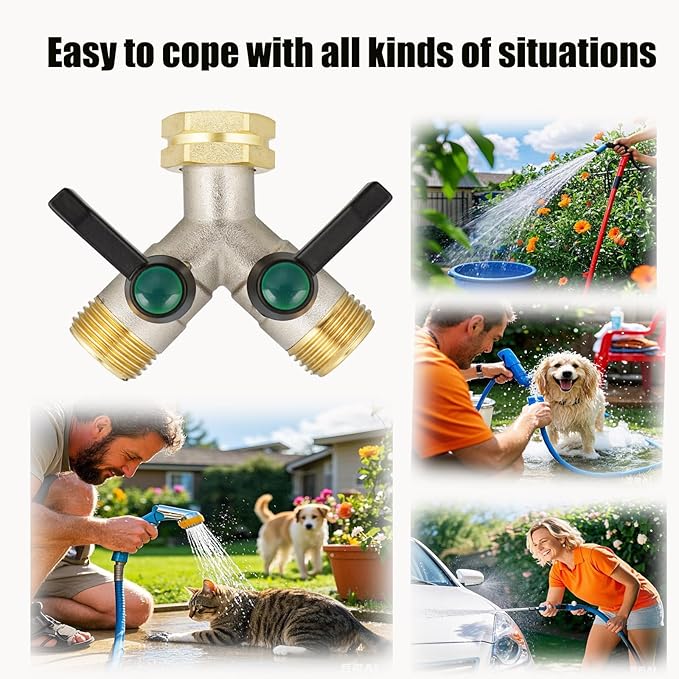 EJW Y-Valve Garden Hose Faucet Splitter, 3/4” GHT Threads,Outdoor Faucet Splitter, Brass High Flow, Garden Hose Y-Splitter 2-Way,Y-Valve Full Flow Hose Splitter,Garden Hose Splitter 2-Way Heavy Duty.