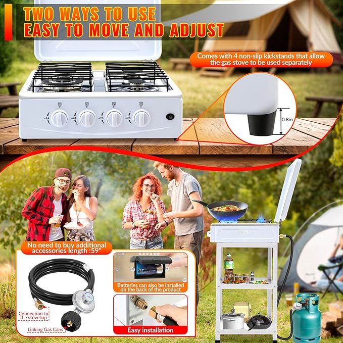 4 Burner Propane Gas Stove,300000BTU Portable Gas Stove with Support Leg Stand and Wind Blocking Cover Adapter Auto Ignition Camping Stove,propane burner for RV, Apartment, Outdoor Cooking