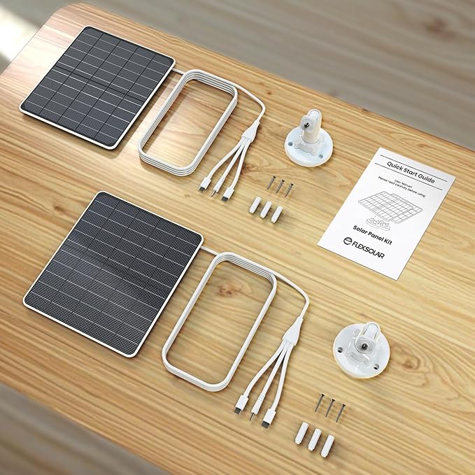 FlexSolar 2 Pack 6W Solar Panel for Security Camera, IP67 Waterproof with 10ft Cable, Dual USB Ports (Type-C/Micro-USB), 360° Adjustable Mount, Outdoor Charging