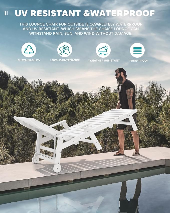 SERWALL Patio Chaise Lounge Chair Set of 8, 5 Positions Adjustable Poly Outdoor Lounge Chair for Pool, HDPE Lounge Chair with Rolling Wheels & Cup Holder for Poolside, Deck, White