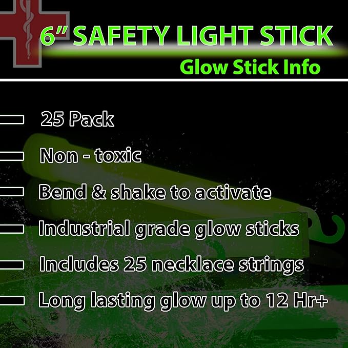 25 Ultra Bright Green Glow Sticks - Individual Packed With Lanyard - For Camping, Emergency Survival - Glow Lights for Blackouts, Hurricane and Storms- 6 Inch Chem Light Sticks with 12 Hour Duration