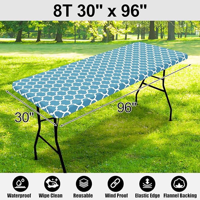 Smiry Rectangle Picnic Table Cover, Waterproof Elastic Fitted Camping Tablecloths for 8 Foot Tables, Wipeable Flannel Backed Vinyl Tablecloth Protector for Indoor, Outdoor (Light Blue, 30x96 Inches)