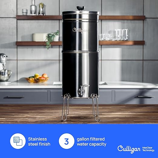 Culligan with MaxClear Technology 3 Gallon Gravity Water Filter System, Polished Countertop Ceramic Water Filter Dispenser NSF/ANSI Certified to Reduce Lead, Microplastics & Total PFAS, with 6 Filters