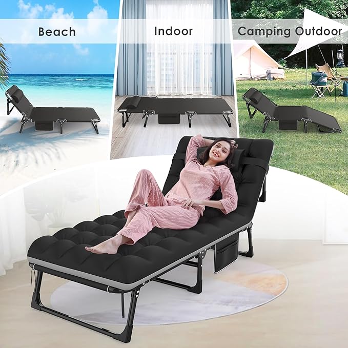 Suteck Camping Cot, 5+2 Positions Adjustable Reclining Folding Camping Cot Sleeping Bed Cots for Adults Outdoor Portable Chaise Lounge Chair W/Carry Bag Pillow Cushion for Home Nap Beach Travel